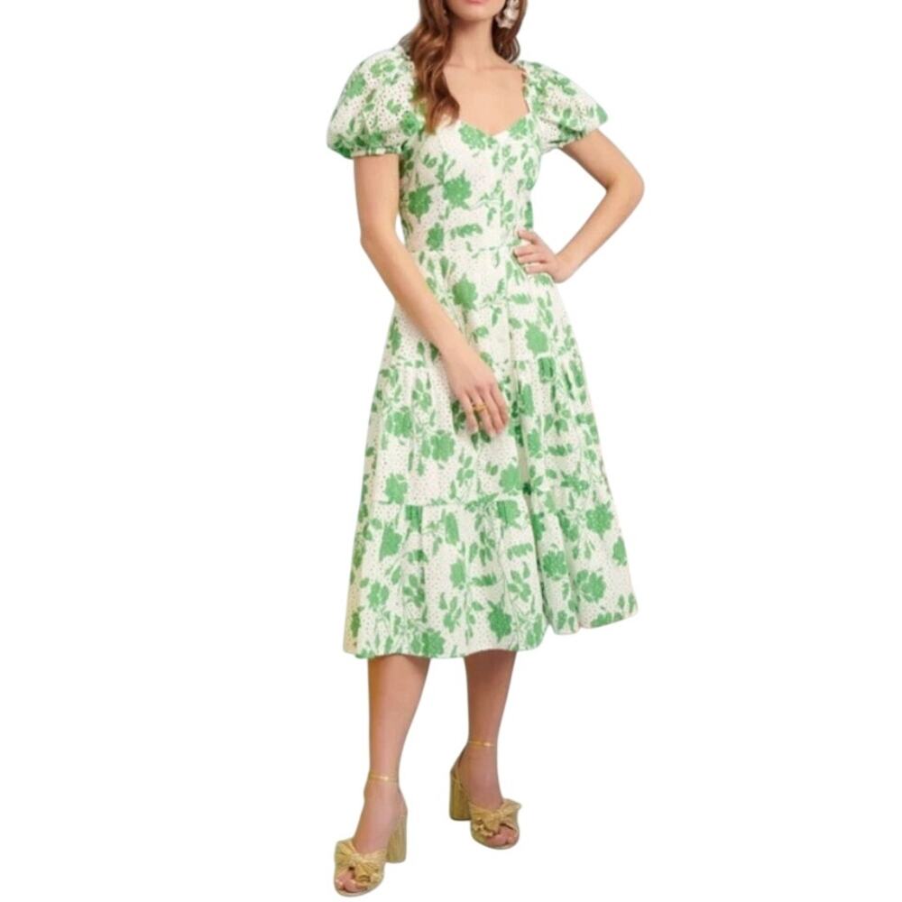 Rachel Parcell Stencil Eyelet Puff Sleeve Floral Midi Dress Size Medium Cottage